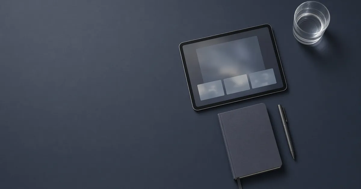 Tablet mit Bildvorschauen, Notizbuch, Stift und Wasserglas auf dunkelblauem Schreibtisch, Ansicht von oben