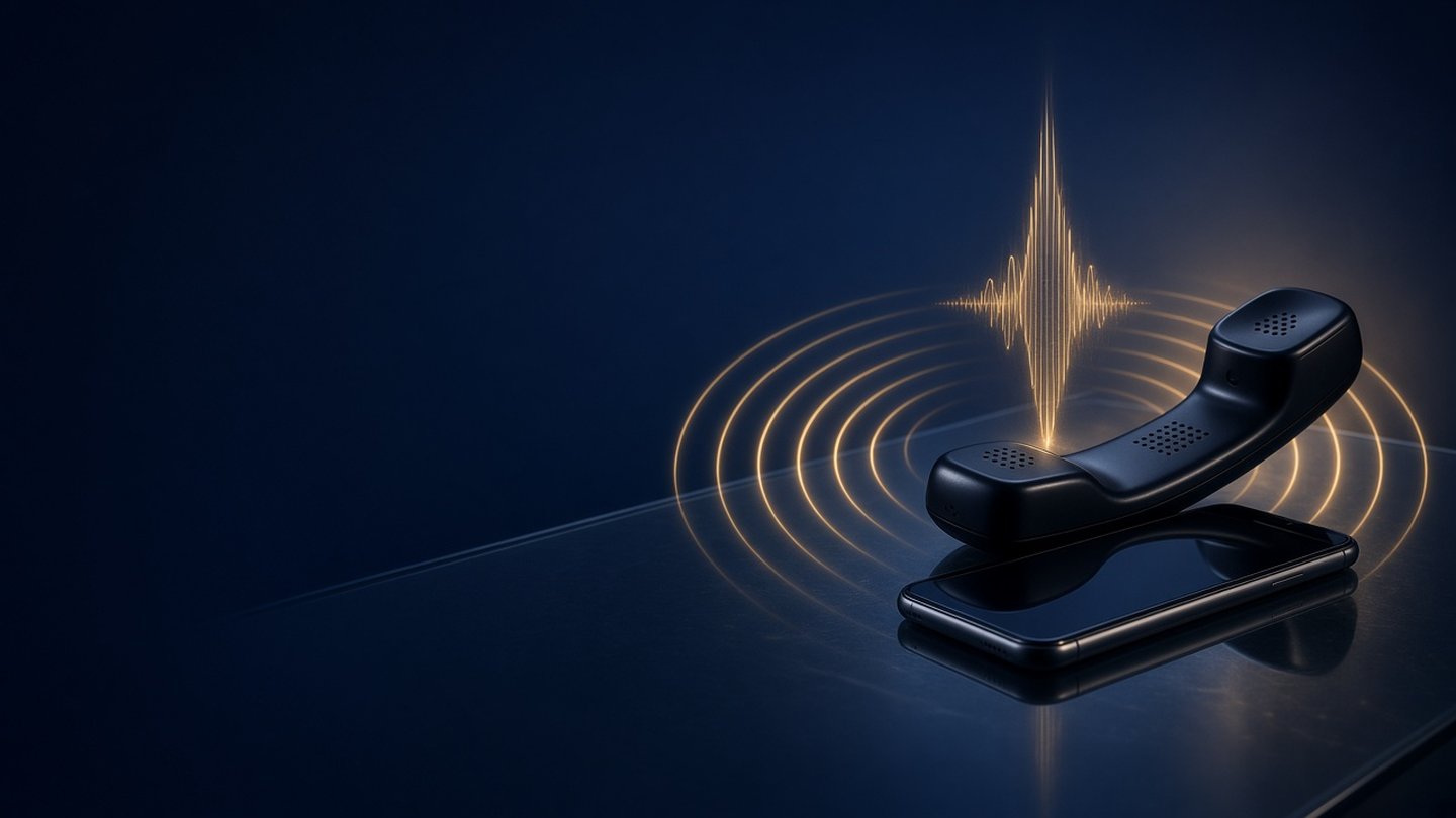 Schwarzer Telefonhörer auf einem Smartphone, umgeben von goldenen Schallwellen und einer leuchtenden Sprach-Wellenform