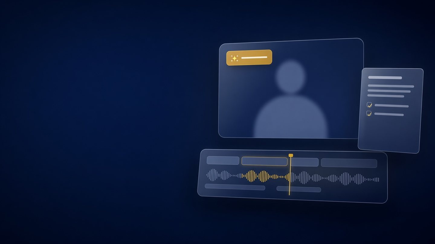 Videofenster mit goldenem KI-Hinweis-Label, darunter eine Zeitleiste und daneben eine Karte mit abgehakten Offenlegungspunkten