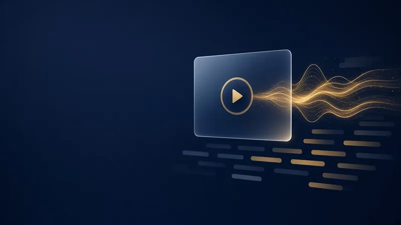 Gläserner Videorahmen mit goldenem Play-Symbol, aus dem goldene Audiowellen strömen, darunter Untertitel-Balken