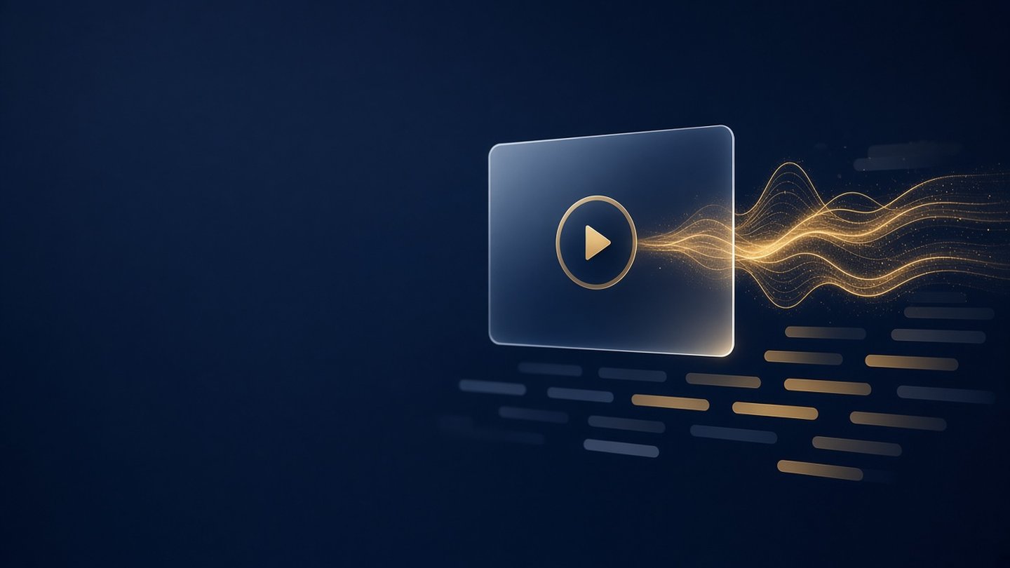 Gläserner Videorahmen mit goldenem Play-Symbol, aus dem goldene Audiowellen strömen, darunter Untertitel-Balken
