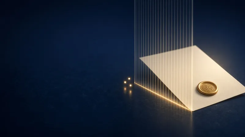Dokument mit goldenem Wachssiegel hinter einem Vorhang aus Lichtlinien, davor drei kleine Lichtpunkte, die haltmachen
