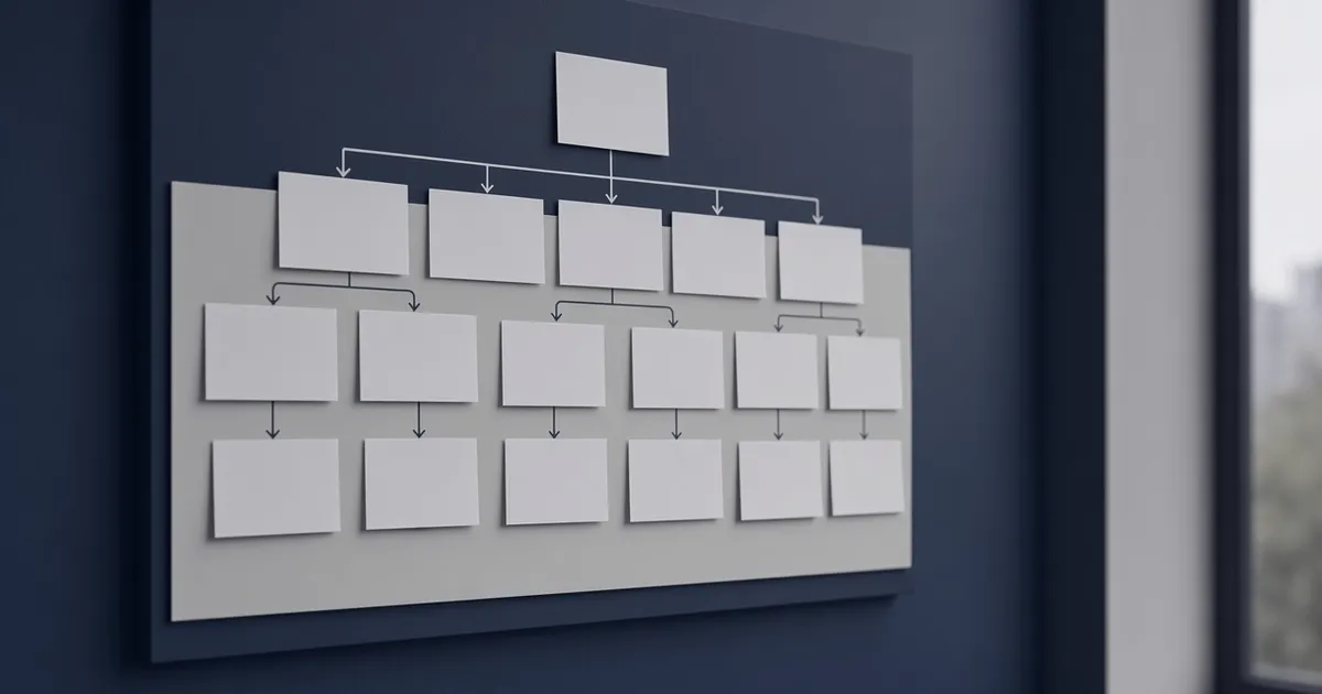 Seitenstruktur einer Website als Baumdiagramm aus hellen Karten mit Pfeilen an einer dunkelblauen Wand