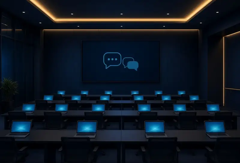 Schulungsraum mit Laptops und einer Wand mit Chat-Symbolen