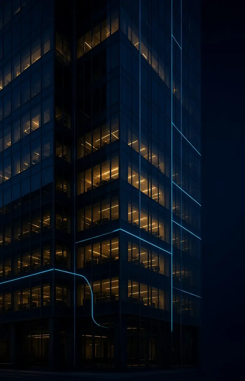 Bürogebäude bei Nacht mit leuchtenden Datenlinien an der Fassade